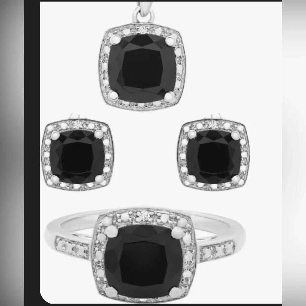 Onyx, Diamonds, and 925 Silver Jewelry Set - Picture 1 of 6